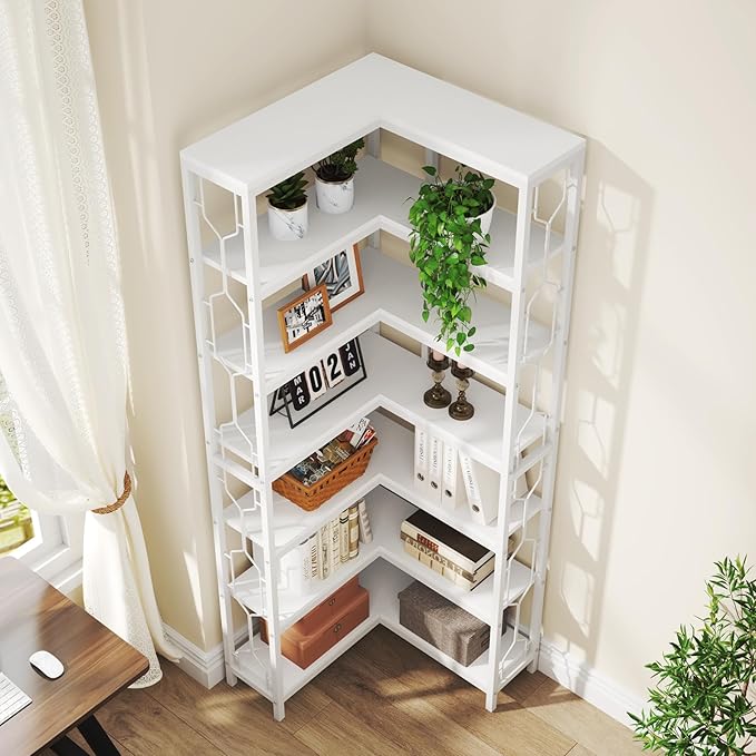 Tribesigns Corner Shelf, 7-Tier Industrial Corner Bookshelf, Wood and Metal - Image 7