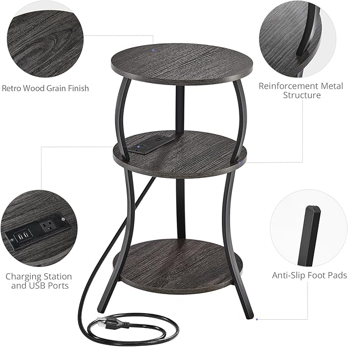 Small Round Side Table with Charging Station, 3-Tier Waist Circular End Table - Image 5