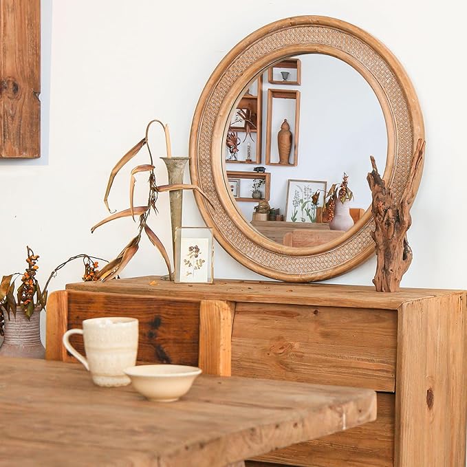 Micasso Round Rattan Wall Mirror: 30" Purely Handmade Wooden Frame Wicker Mirror - Image 4