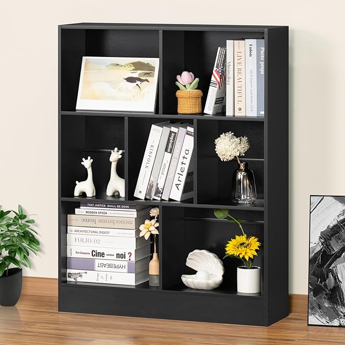 YAHARBO Black 7 Cube Bookshelf, 3 Tier Modern Horizontal Bookcase, Wooden Low by YAHARBO