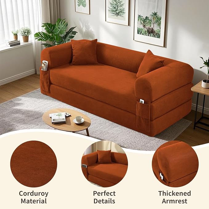 80" Convertible Sofa Bed, 3-in-1 Corduroy Folding Pull Out Couch - Image 4