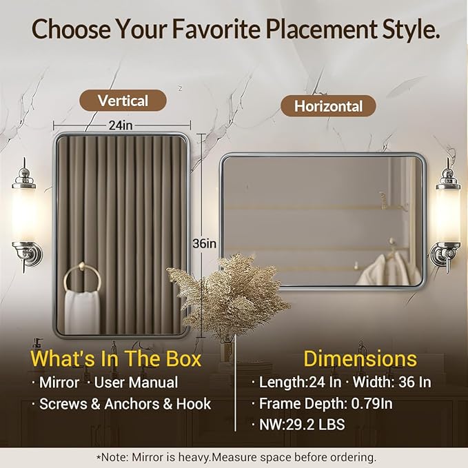 ANDY STAR 24x36 Brushed Nickel Bathroom Mirror, Stainless Steel Metal Frame - Image 2