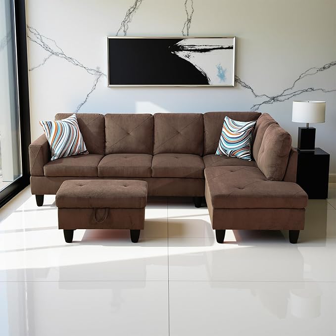 Couches for Living Room Modern L Shaped Couch Comfy Sackcloth Fabric 3 Pieces by LynginsCreativeLife