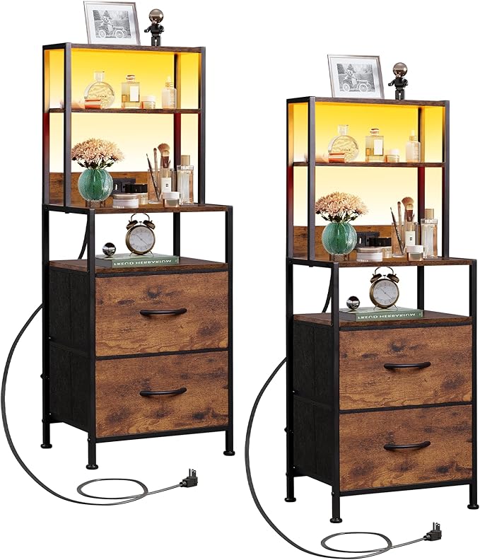 WLIVE Nightstand Set of 2 with Charging Station, LED Night Stand Sets with 2 by WLIVE