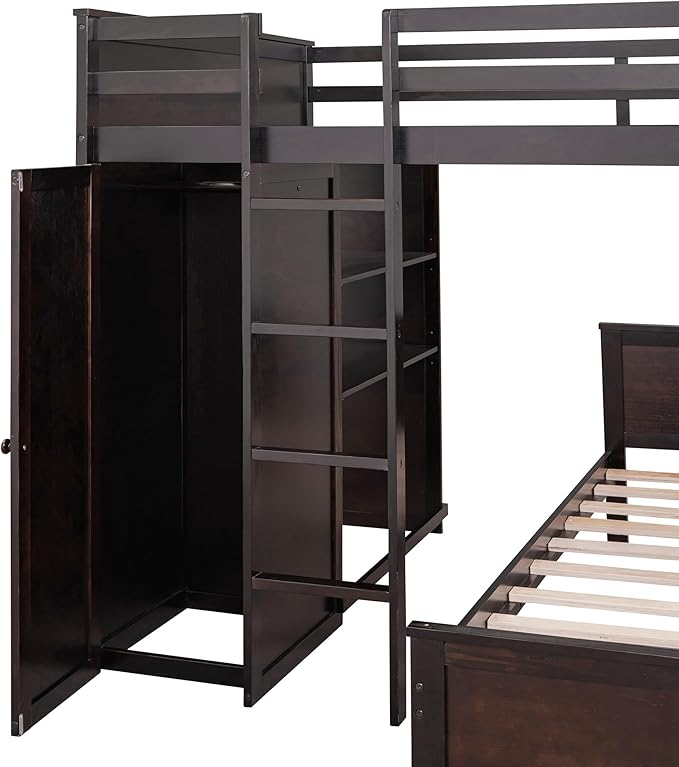 Full Size Loft Bed with Wardrobe Desk and Shelves, Solid Wood Bunk Stand-Alone - Image 5