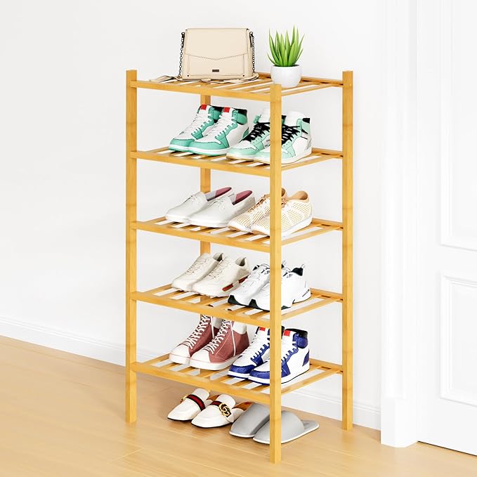 Smiry Shoe Rack, 5 Tier Small Bamboo Shoe Organizer, Stackable Free Standing by Smiry