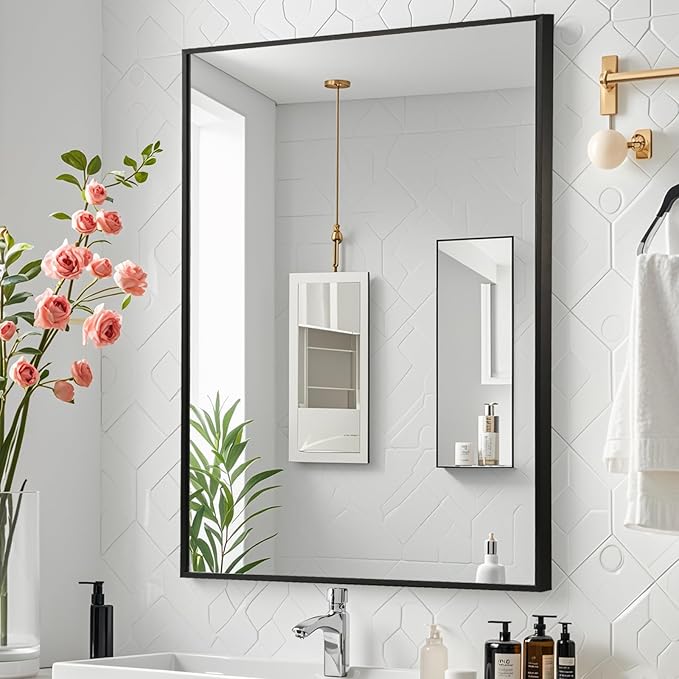 Black Bathroom Mirror, Matte Black Mirror, Metal Frame Square Corner Vanity - Image 8