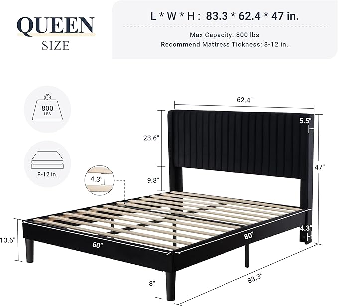 Allewie Queen Size Velvet Bed Frame/Vertical Channel Tufted Wingback - Image 2