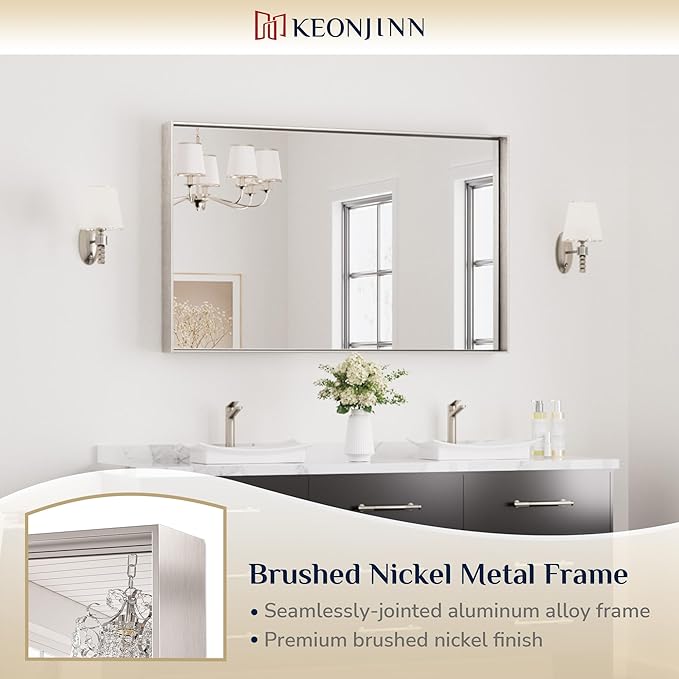 Keonjinn 48 x 30 in Brushed Nickel Bathroom Vanity Mirror, Rectangular Silver - Image 6