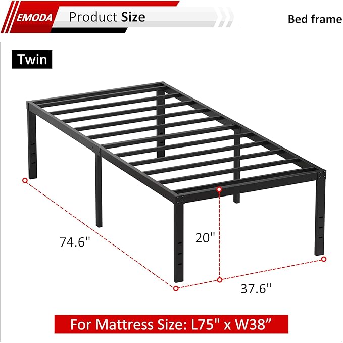 EMODA 20 Inch Twin Bed Frame No Box Spring Needed, Heavy Duty Tall Metal Twin - Image 3