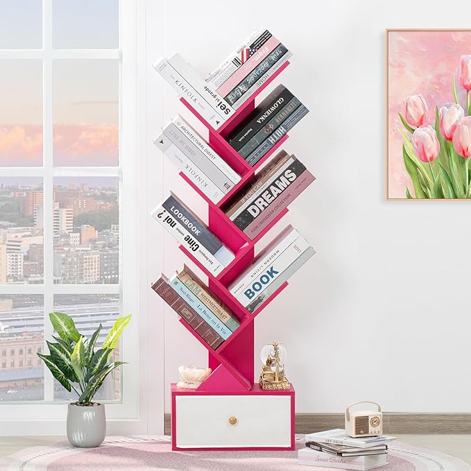 8 Tier Tree Bookshelf with Drawer, Free Standing Wood Bookcase - Image 5
