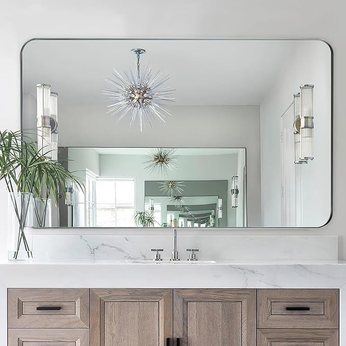 Brushed Nickel Bathroom Mirror, 24x40 Rounded Rectangle Mirror Modern Bathroom - Image 4