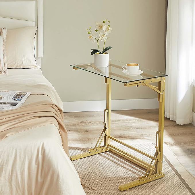 Tatub 24" Folding C Shaped End Table, Small Tempered Glass Side Table - Image 5