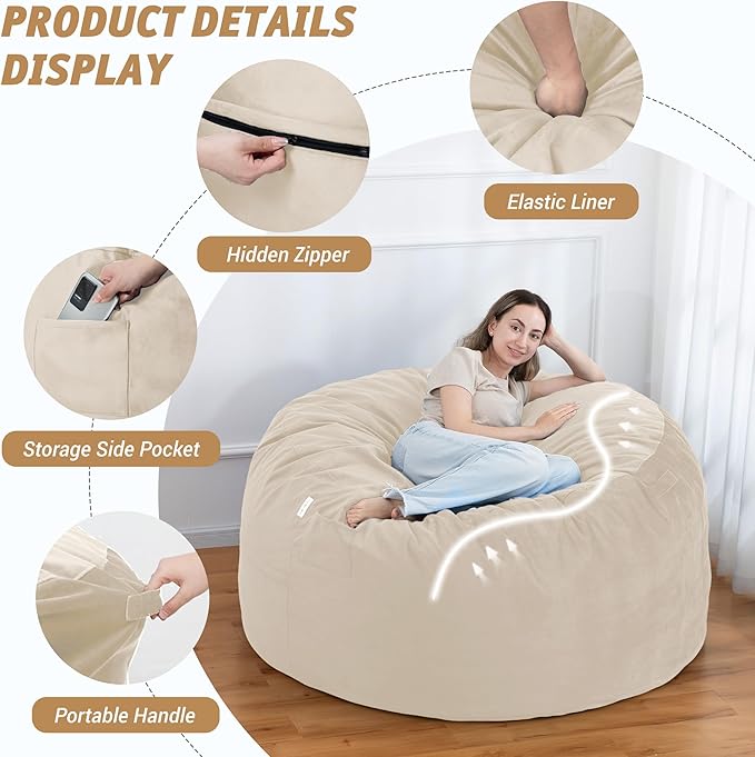 5FT Bean Bag Chair with Ultra Soft Velvet Cover Bean Bag Sofa with Memory Foam - Image 4
