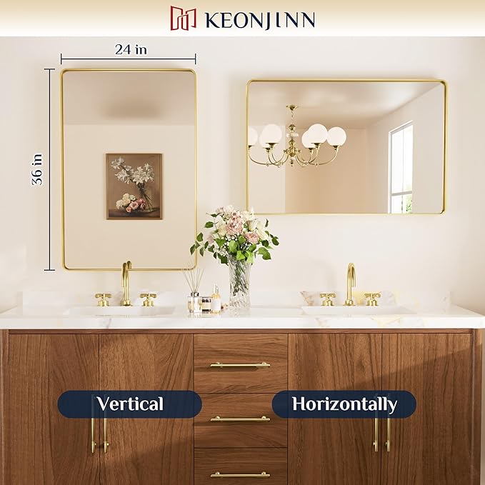 Keonjinn Gold Bathroom Mirrors for Over Sink 24 x 36 Inch Brushed Brass Metal - Image 8