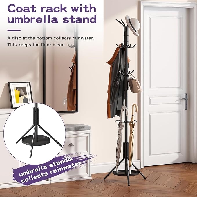 Coat Rack Freestanding, Entryway Hanger Stand, Umbrella Holder, Hall Tree - Image 6