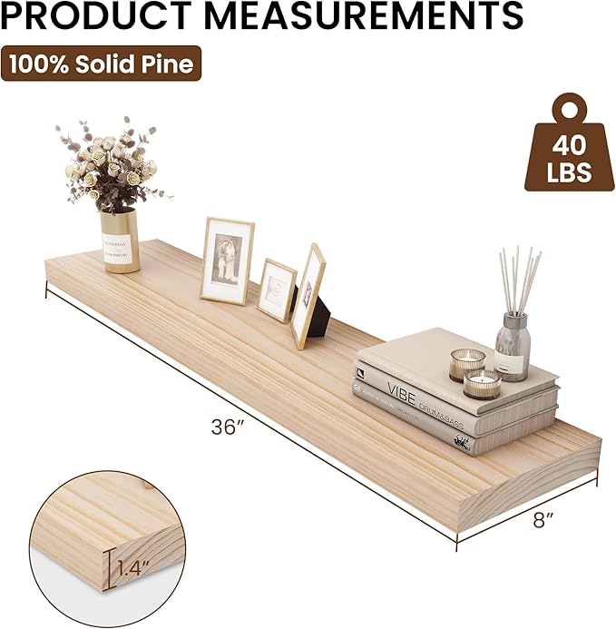 Heimlove Rustic Farmhouse Floating Shelves 36 inch, 8 Inch Deep Solid Pine Wood - Image 3