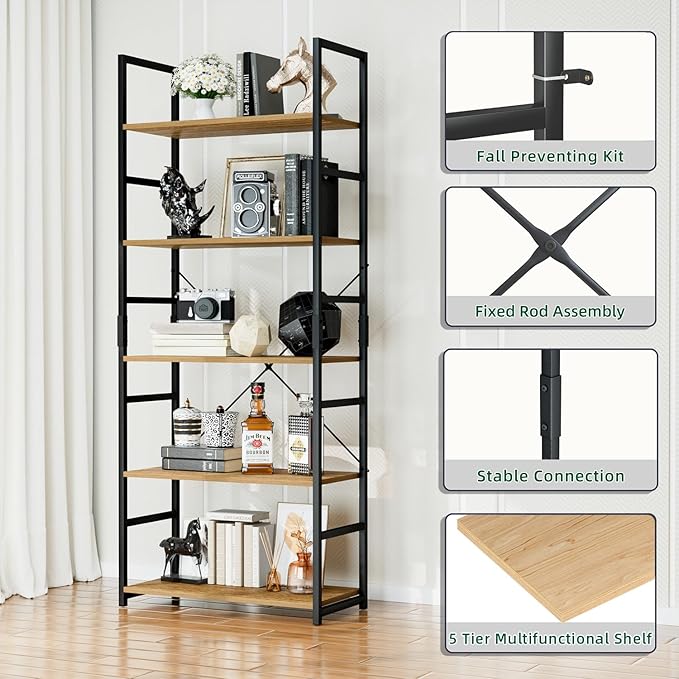 OTK 5 Tier Bookshelf, Tall Bookcase, Office Shelf Storage Organizer, Modern - Image 4