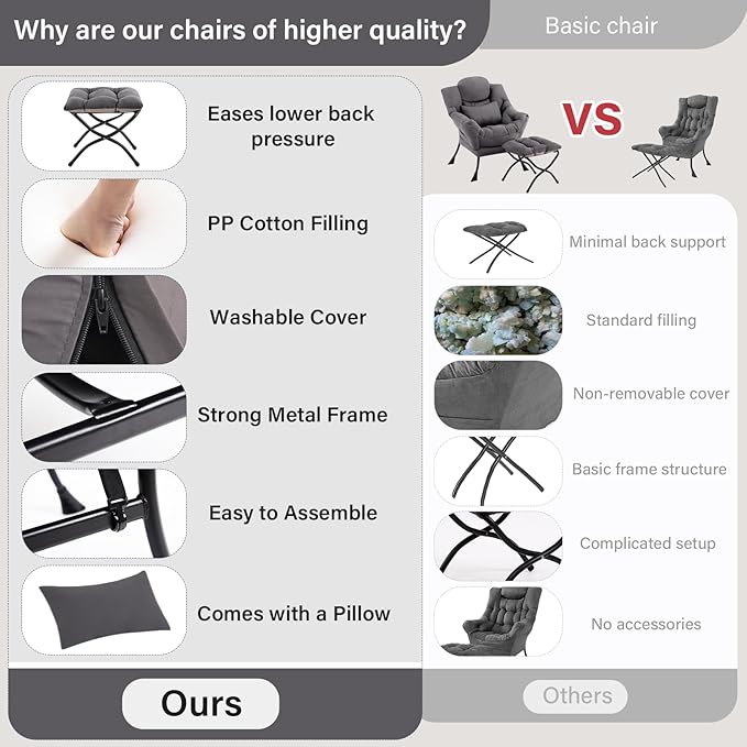 Lazy Chair with Ottoman, Comfy Fabric Accent Lounge Arm Chair with Lumbar - Image 9