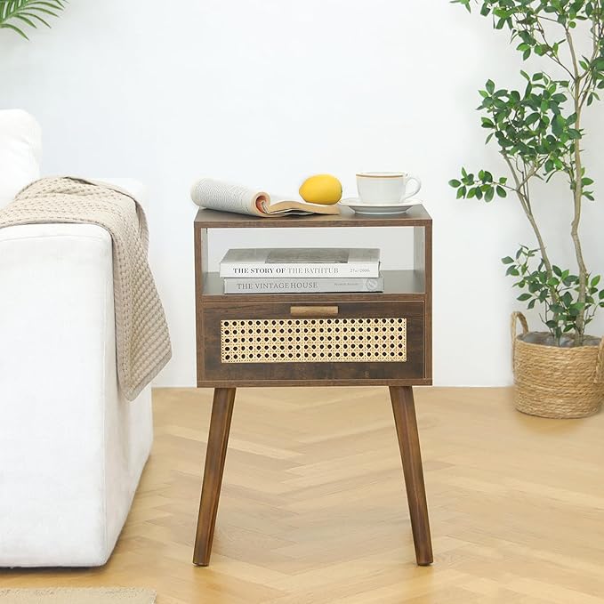 MaxSmeo Mid Century Nightstand, Rattan Side Table - Image 2