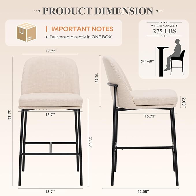 COLAMY Counter Height Bar Stools Set of 2, 25 Inch Modern Fabric Kitchen Island - Image 2
