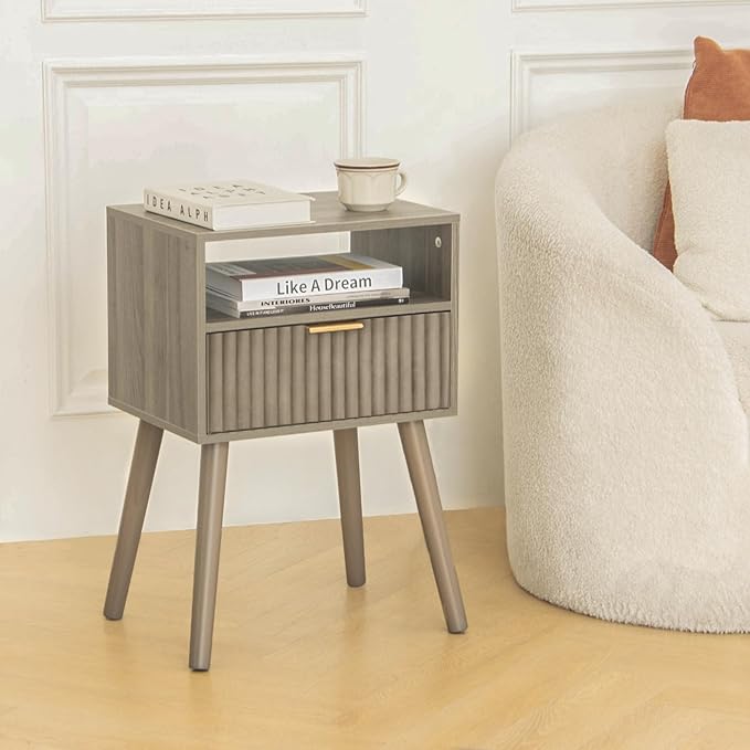 Grey Nightstand, Modern Night Stand Wood, Fluted Bedside Table - Image 3