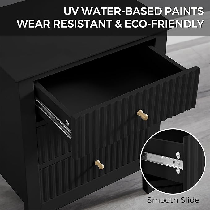 OCANDO Fluted Black Nightstand 19", 3 Drawers Night Stand, Bed Side End Table - Image 6