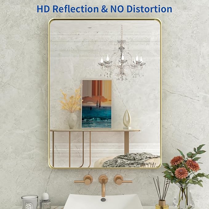 WEER Gold Bathroom Mirror, 24X32 Inch Brushed Gold Metal Frame Mirror, Rounded - Image 2