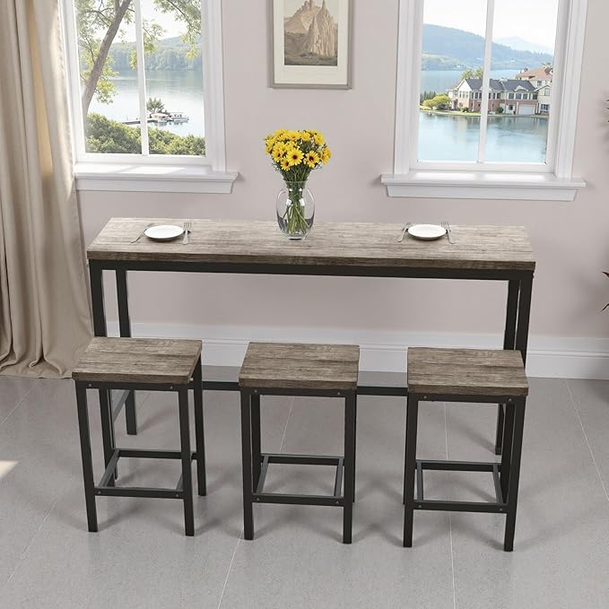 KEIKI 60.24” Long Bar High Top Dining Table and 3 Stools Chairs Set, Wood - Image 4