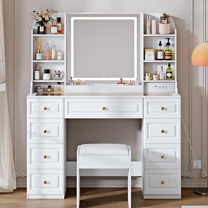42" Makeup Vanity Desk with Mirror and Lights, & Power Outl, Glass Top Big - Image 8
