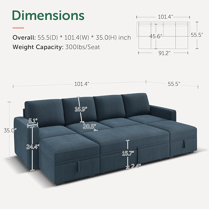 HONBAY Modular Sectional Sleeper Sofa Bed, Corduroy Pull Out Couch - Image 2