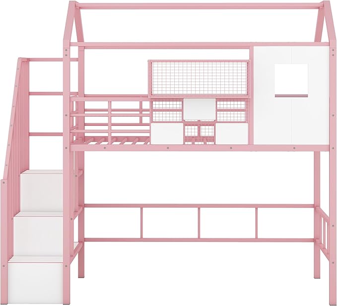 Twin Size Metal Loft Bed with roof Design and a Storage Box, House Shaped - Image 5
