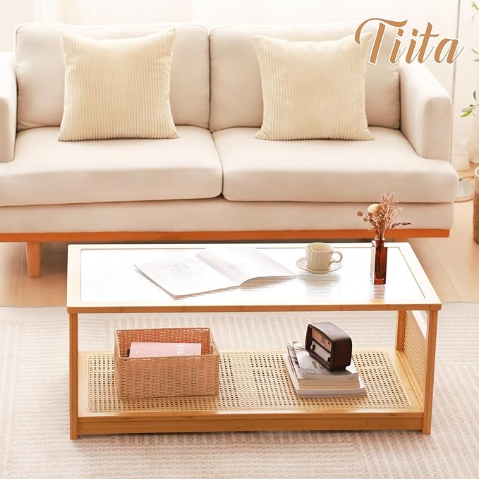Tiita Coffee Tables for Living Room，Mid Century Modern Storage 2-Tier Coffee - Image 6