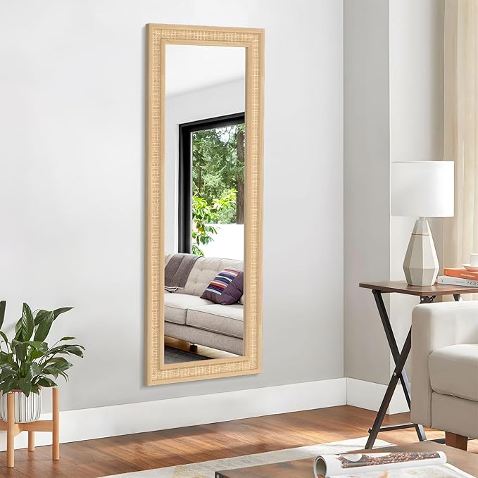 Rattan Wall Mirror with Wooden Framed 18 X 48 inch Farmhouse Rectangle Wood - Image 2