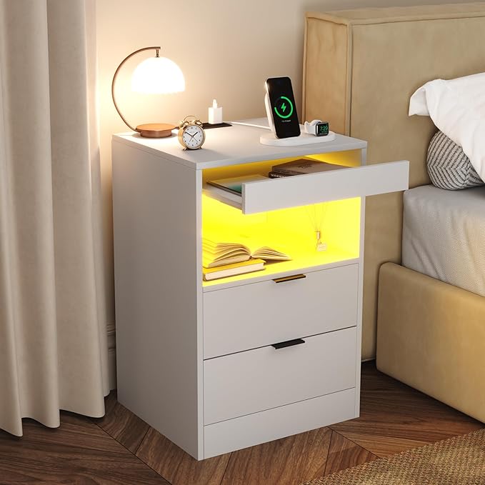 Gadroad LED Nightstand with Charging Station, Bedside Table with 3 Drawers and - Image 7