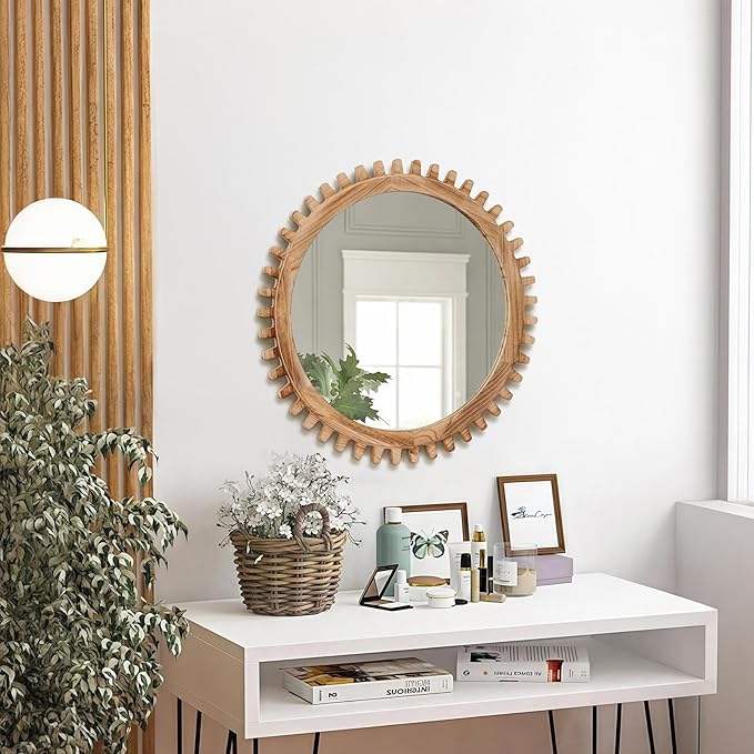 ULIKE Round Wood Mirror, 30 Inch Rustic Farmhouse Circle Mirror - Image 8