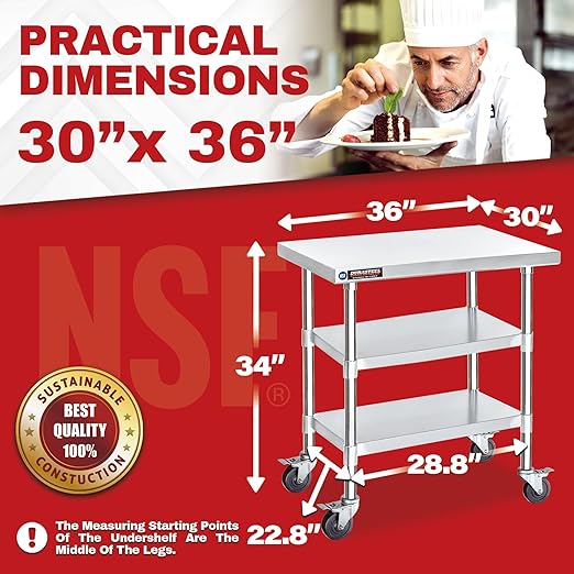 DuraSteel Stainless Steel Work Table 30" x 36" x 34" Height w/ 4 Caster Wheels - Image 2