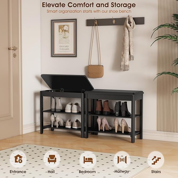 Shoe Rack Bench Seat Rubberwood 2-Tier Wooden Storage Bench 550lbs Compact - Image 3