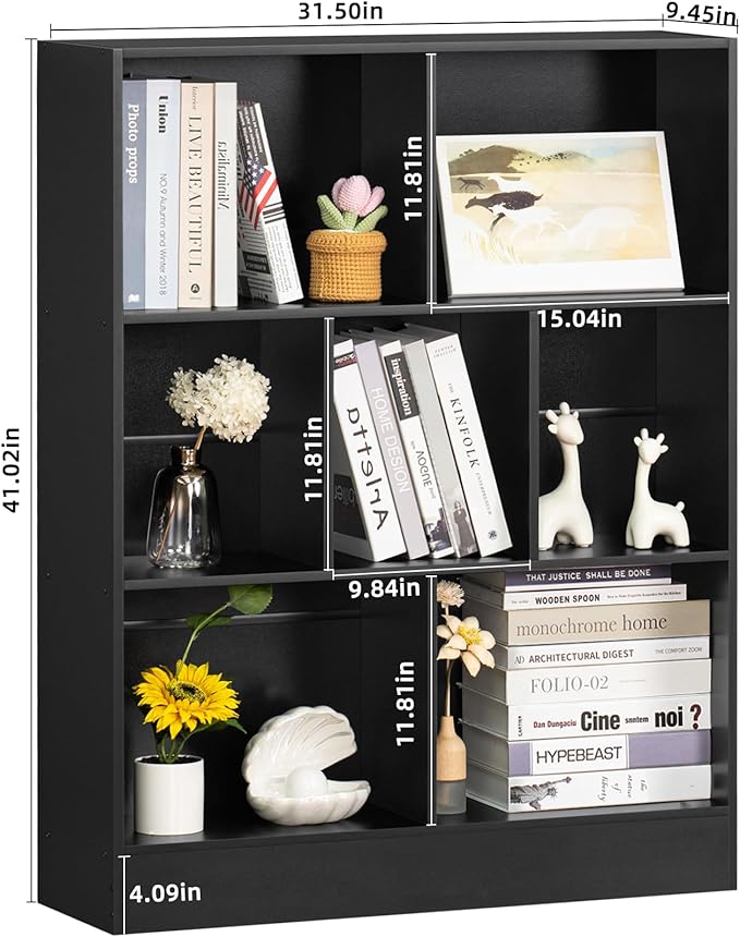 YAHARBO Black 7 Cube Bookshelf, 3 Tier Modern Horizontal Bookcase, Wooden Low - Image 2