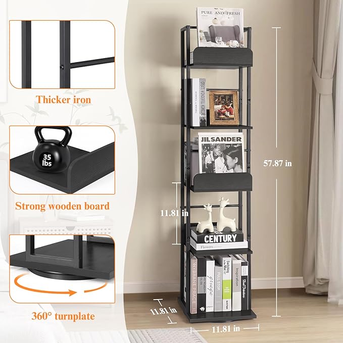 Bikoney Rotating Bookshelf, 5-Tier Bookshelves Tower - Image 3