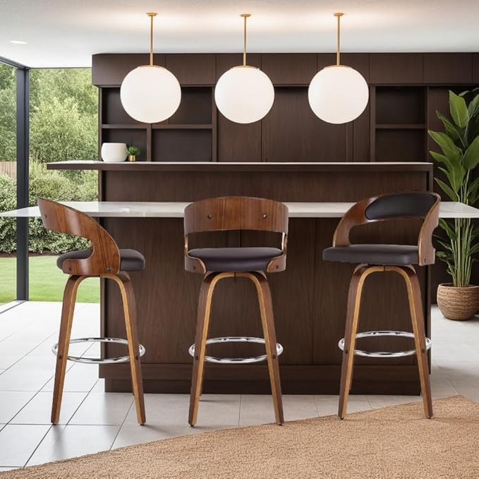 Armen Living Shelly 30" Bar Height Swivel Brown Faux Leather and Walnut Wood - Image 2
