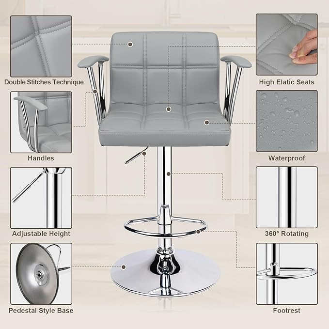 Bar Stools Set of 2, Armrest Adjustable Swivel Barstools - Image 6