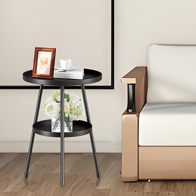 Small Side Table Round 2 Tier End Table Metal Round Coffee Tables Nightstand - Image 4
