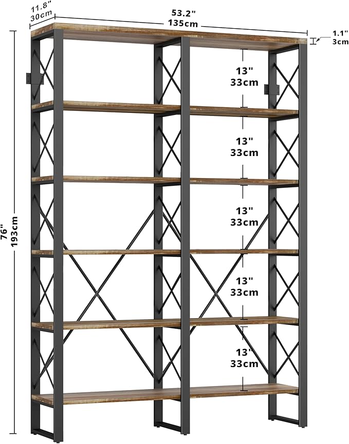 IRONCK Bookshelves Double Wide 6-Tier 76" H, Open Large Bookcase, Industrial - Image 3