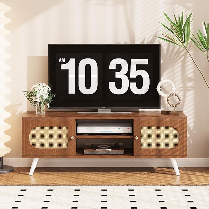 55" Rattan TV Stand for 65 Inch TV Solid Wood TV Console Entertainment Center - Image 3