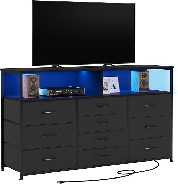 55W 10-Drawers Dresser with 2 Open Storage Shelves, TV Stand Dresser - Image 7