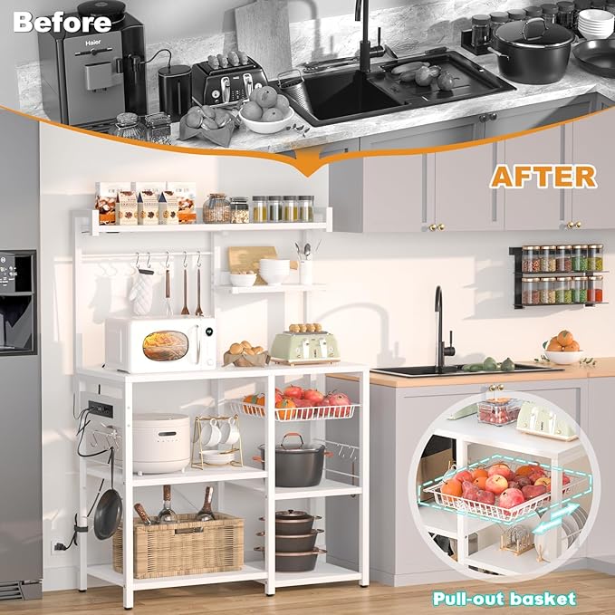 Aheaplus Bakers Rack with Power Outlet and LED Light Strings, Microwave Oven - Image 7