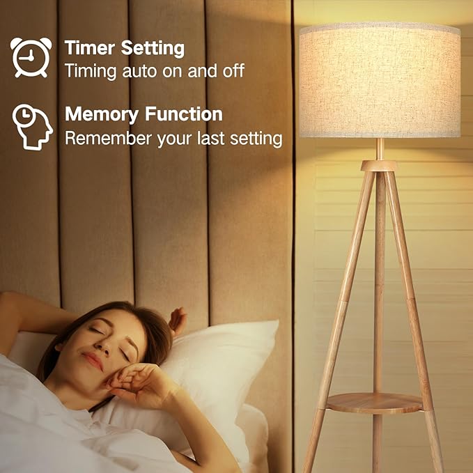 OUTON Tripod Floor Lamp with Shelves, Mid Century Dimmable Wood Floor Lamp with - Image 6