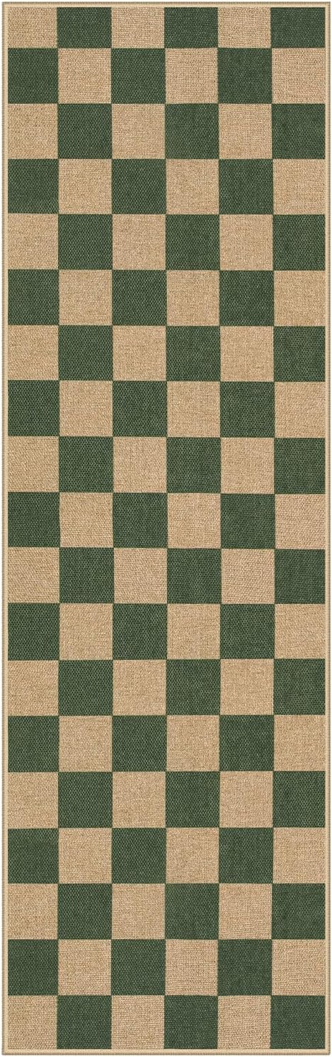 Lahome Checkered Outdoor Runner Rug, 2x8 Green Kitchen Runner Rugs - Image 8
