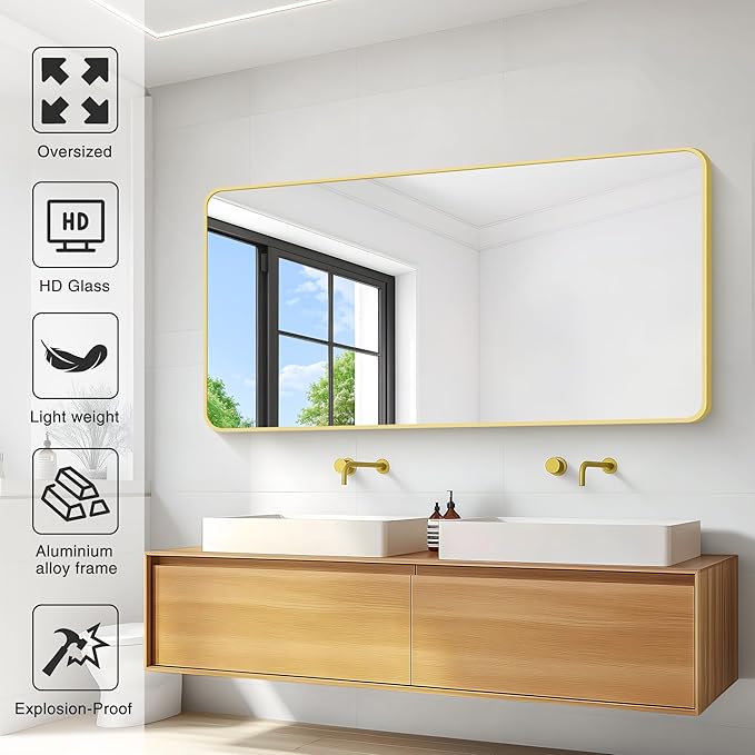 55x30 Inch Gold Bathroom Mirror, Metal Framed Gold Rectangle Mirrors, Rounded - Image 4